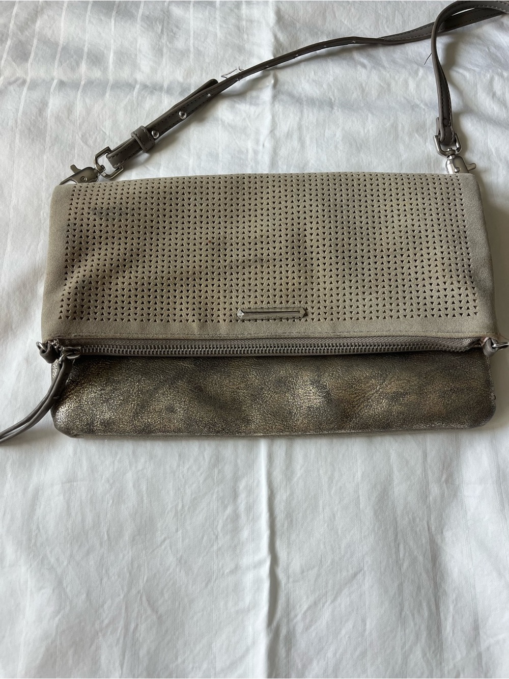 Stella & Dot Taupe Fold-Over Clutch with Metallic Bronze Panel